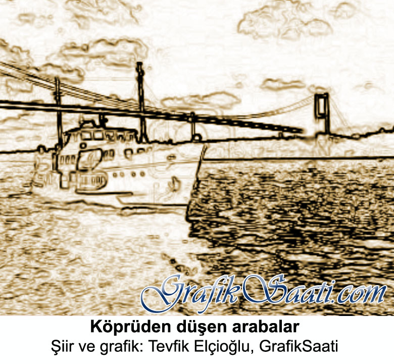 Köprüden düşen arabalar Şiir ve grafik: Tevfik Elçioğlu, Grafik Saati kültür sanat
